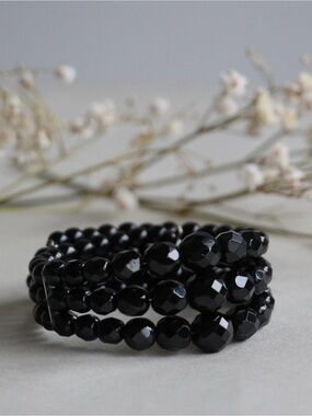 1960's Natural Jet & French Jet Glass Triple Strand Beaded Bracelet